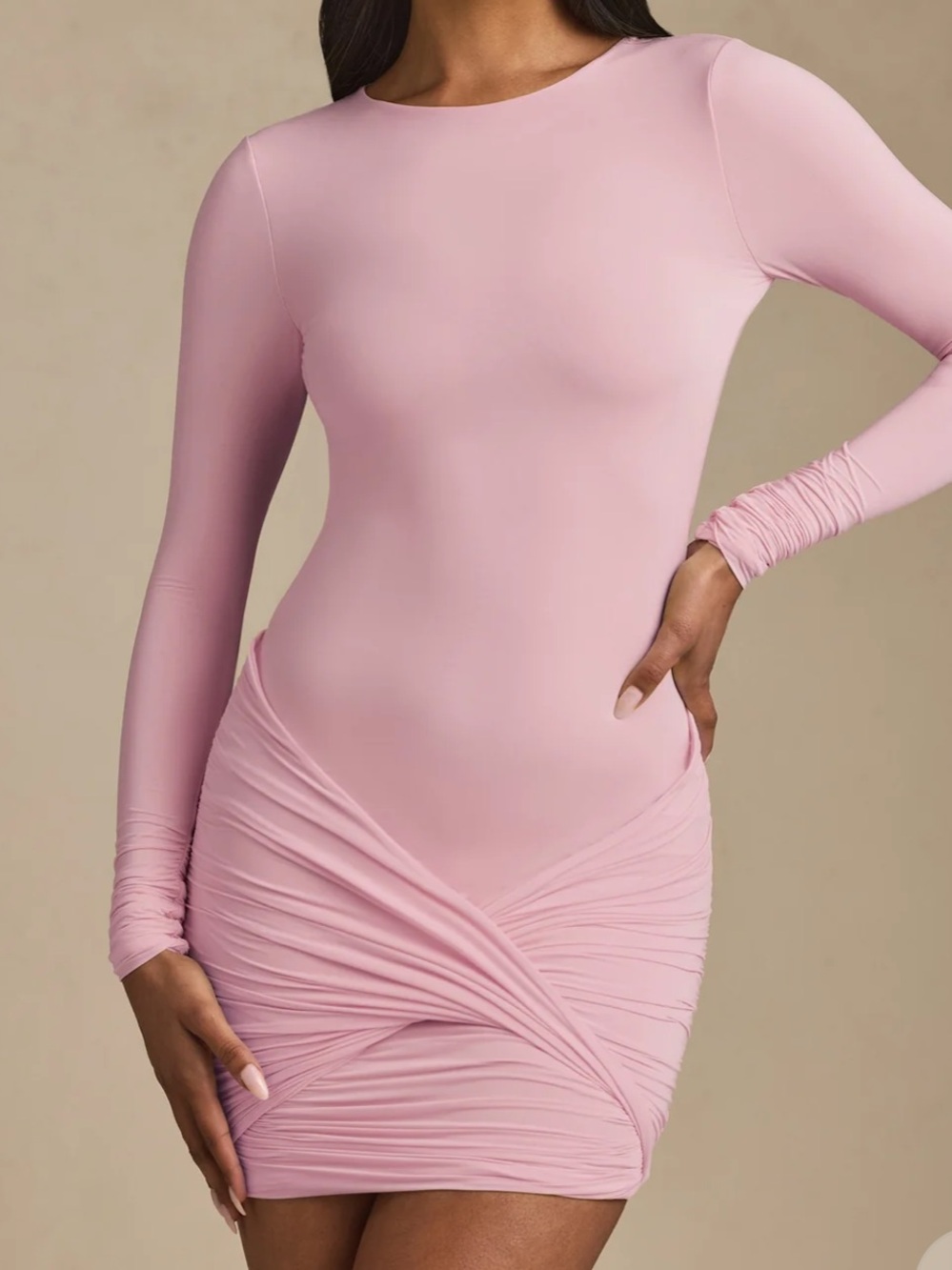 Oh Polly Long-Sleeve Ruched Mini Dress in Light Pink